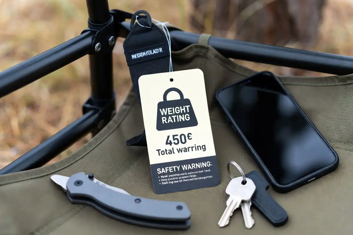 camping chair rating tag with pocket items showing extra load