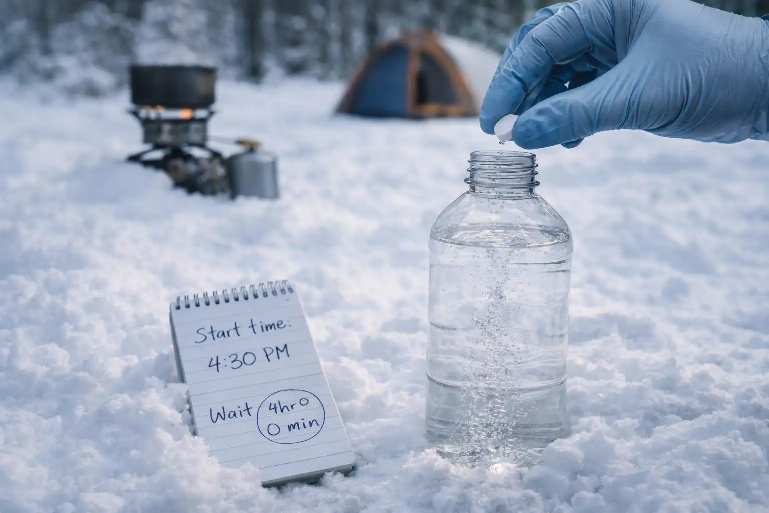 tablet dissolving in bottle with start time noted