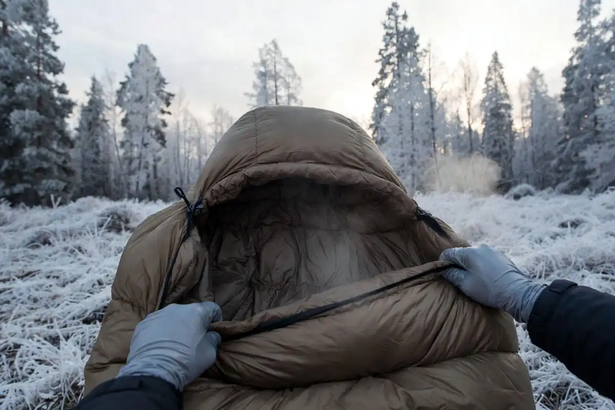 Camper opening a down mummy sleeping bag at a frosty campsite