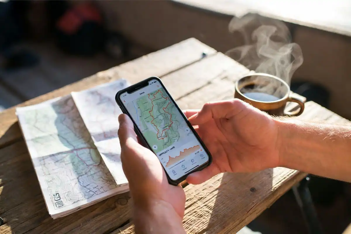 person selecting a hiking route on trail app with paper map nearby
