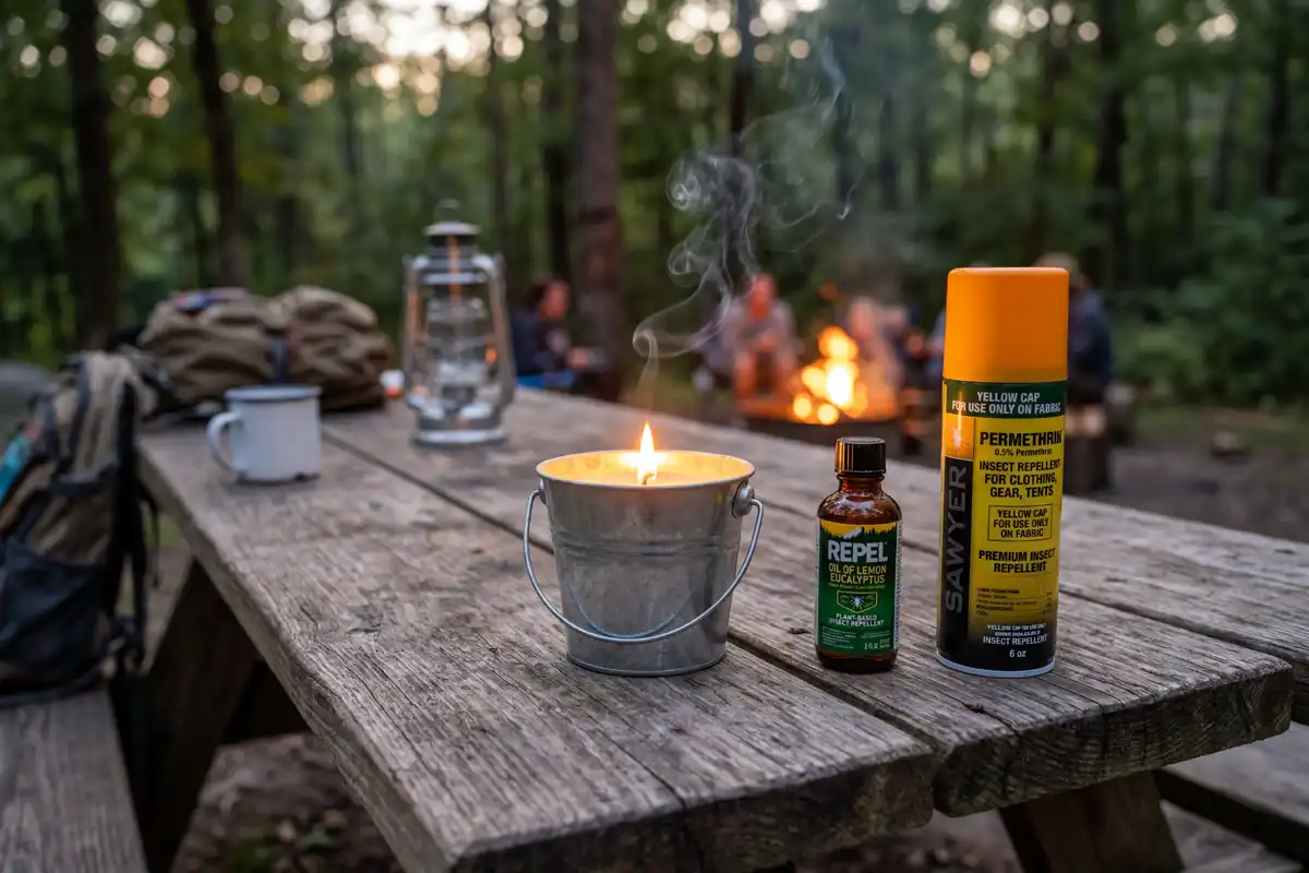 citronella candle burning on camping table next to insect repellent products outdoors