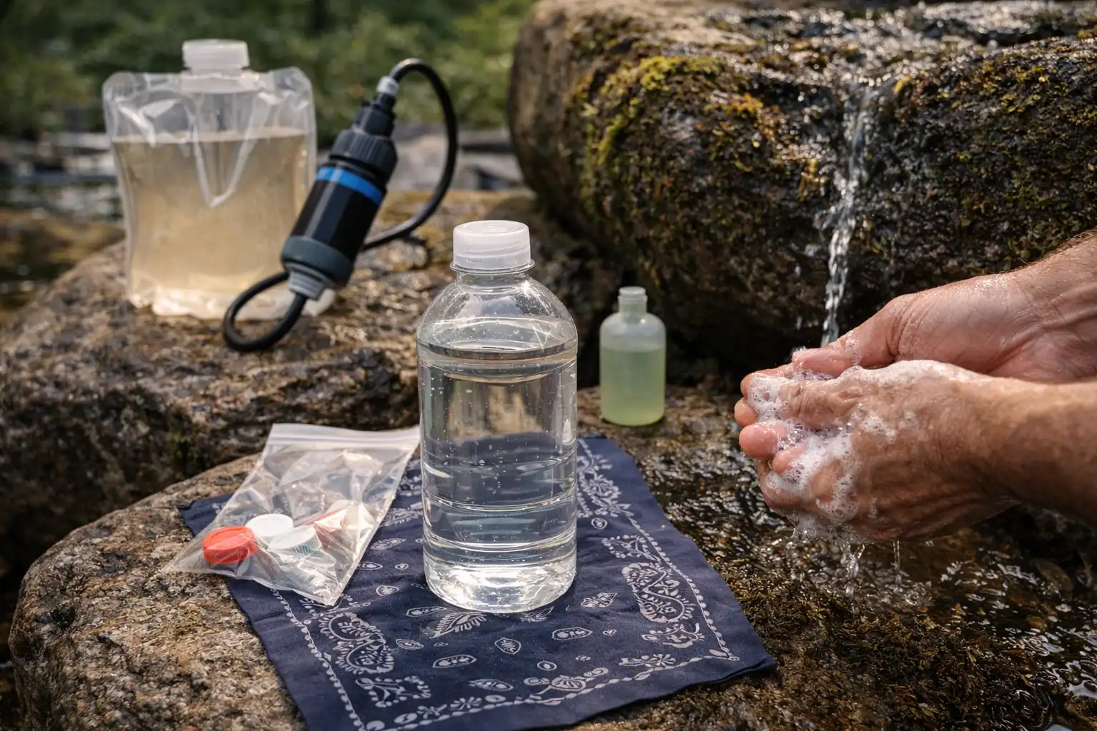 treated bottle kept apart from dirty bag and hose