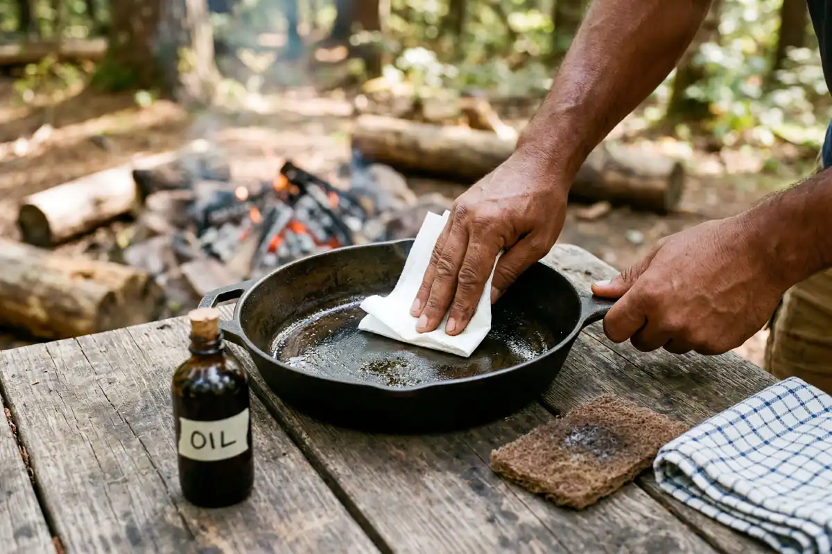 Camper wiping a cast iron skillet with a paper towel at a campsite table