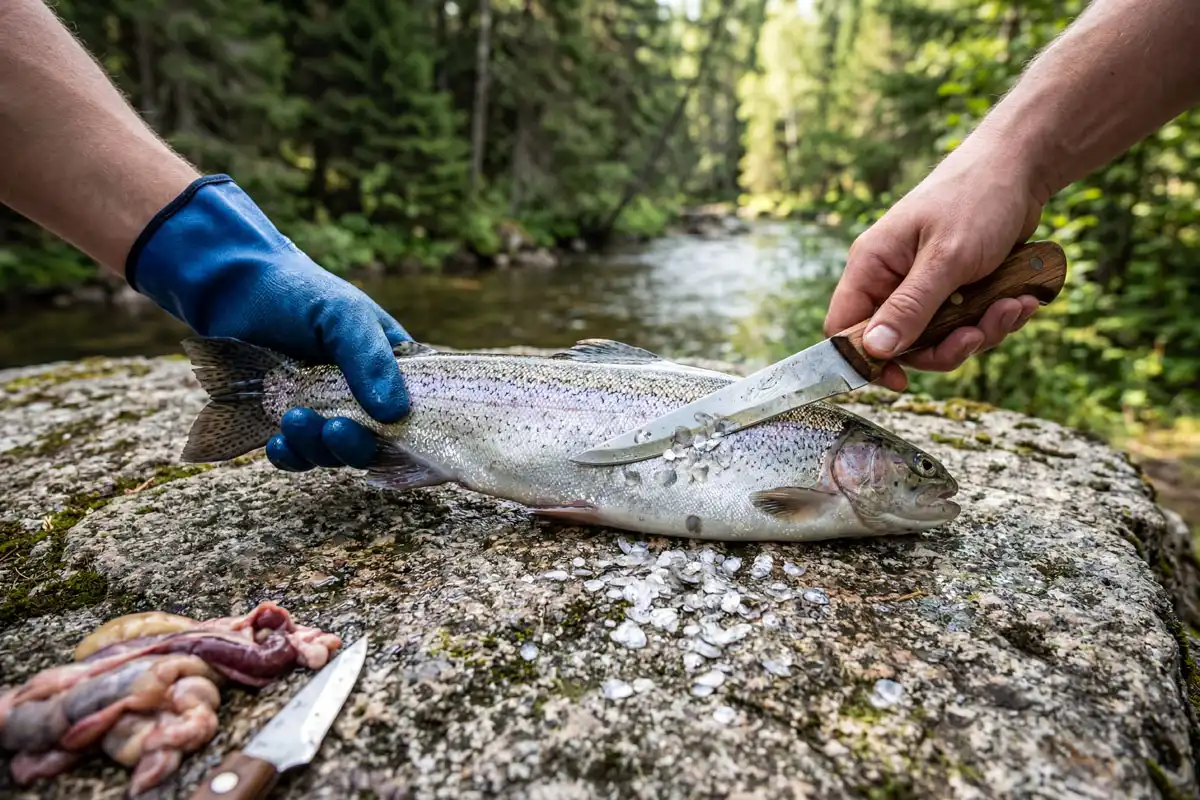 Camper gutting and scaling a freshwater trout beside a river at camp