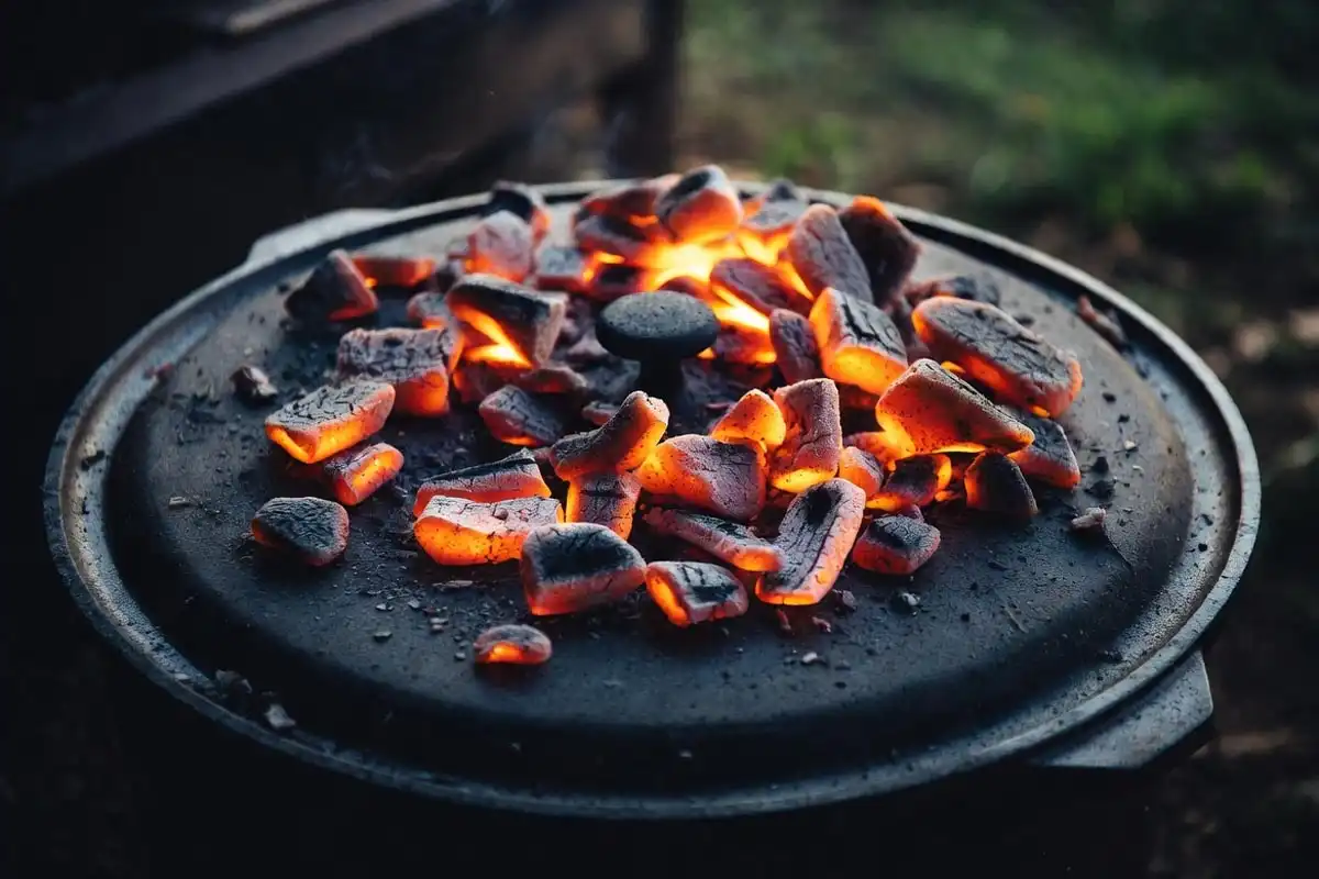 glowing campfire coals placed evenly on a cast iron Dutch oven lid with gloved hands