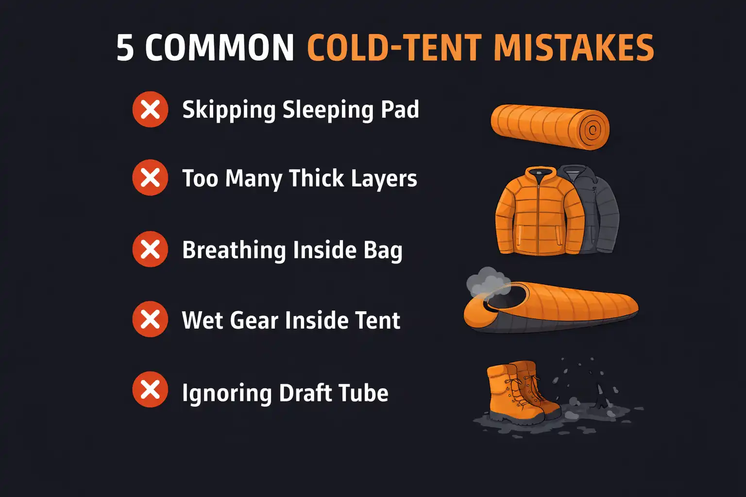 infographic listing five common mistakes that cause heat loss inside a tent at night
