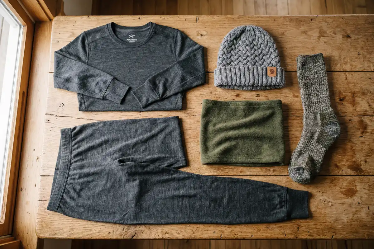 merino wool base layer beanie socks and neck gaiter laid out for cold night tent sleeping