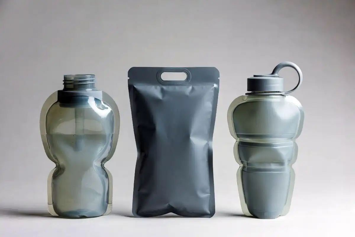 three collapsed bottle designs disc roll up and origami fold on