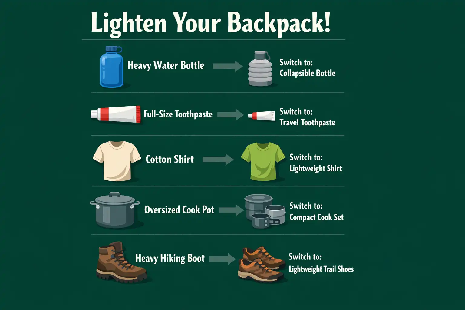 infographic about five common packing mistakes that add weight to a hiking pack