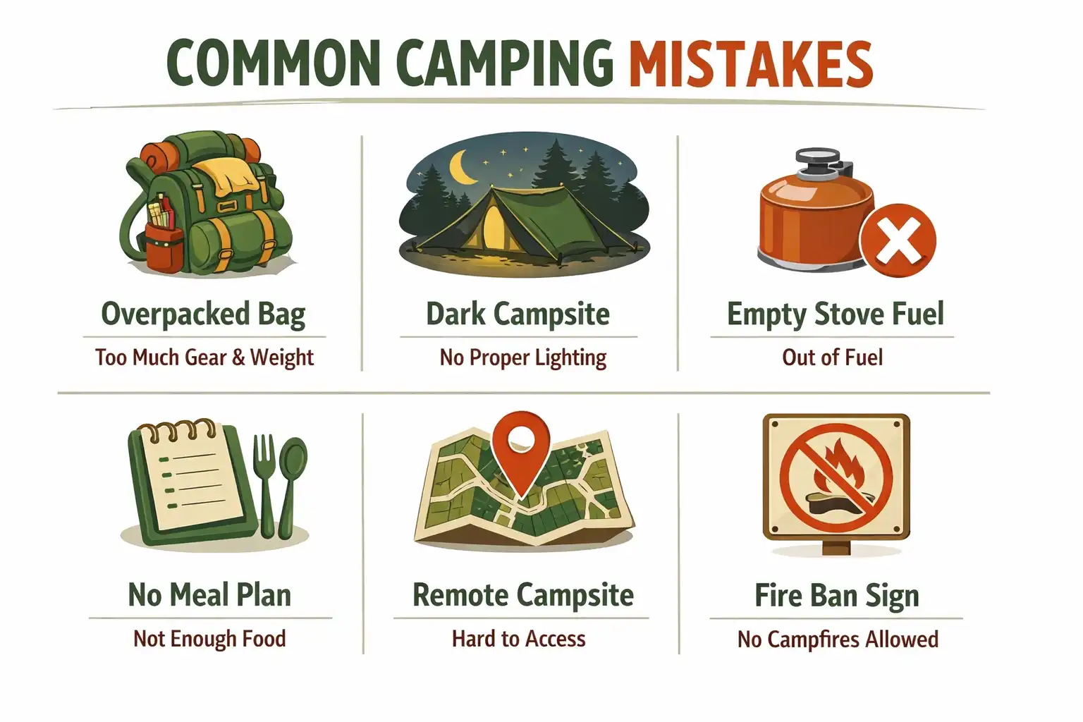 illustrated infographic about six common first time camping mistakes to avoid