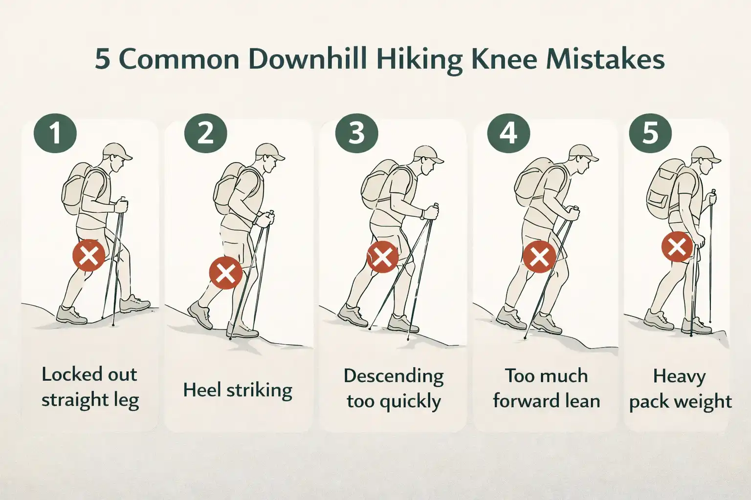 In the infographic: five common form mistakes hikers make on steep descents
