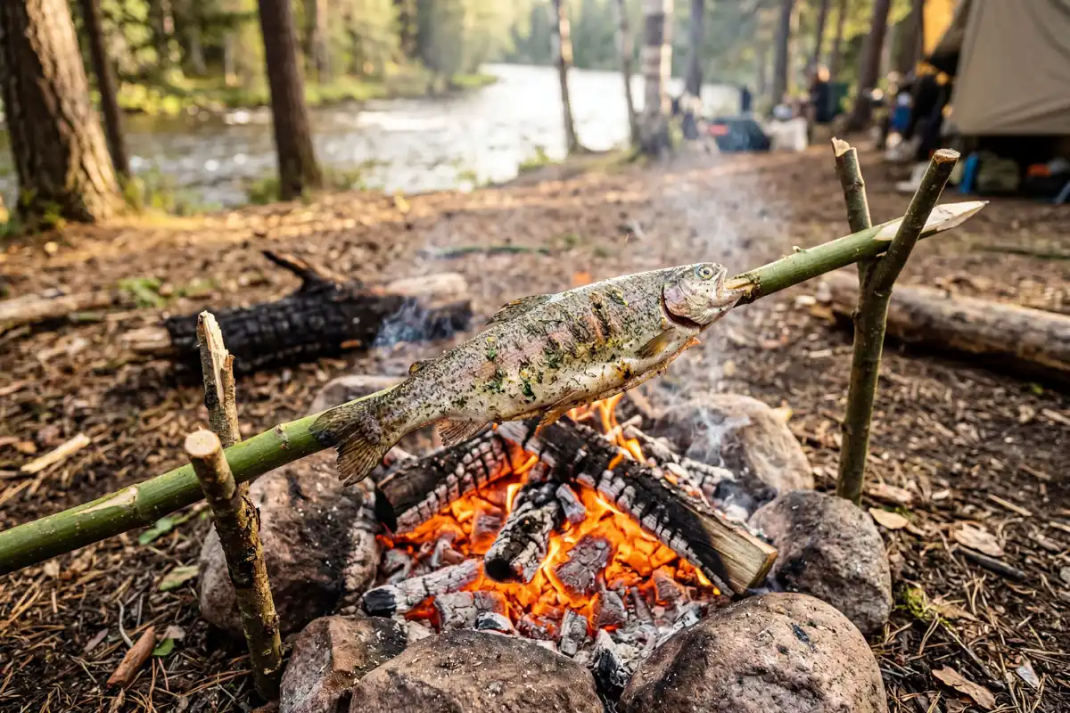 Cook fish at camp without frying pan. Whole trout cooking over campfire coals on a green stick at a Forest campsite.