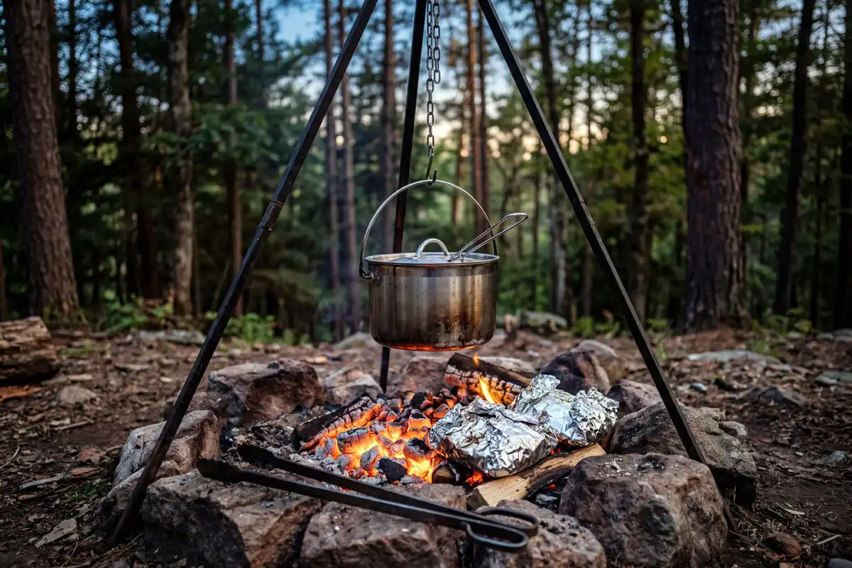 Stainless steel pot hanging from a tripod over campfire coals at a Forest campsite