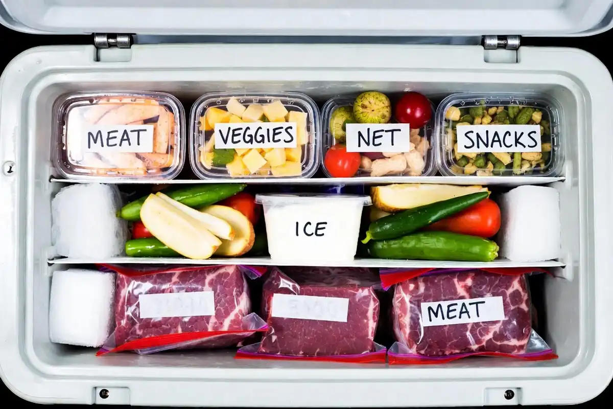 open camping cooler showing layered food storage with block ice and sealed meat at bottom
