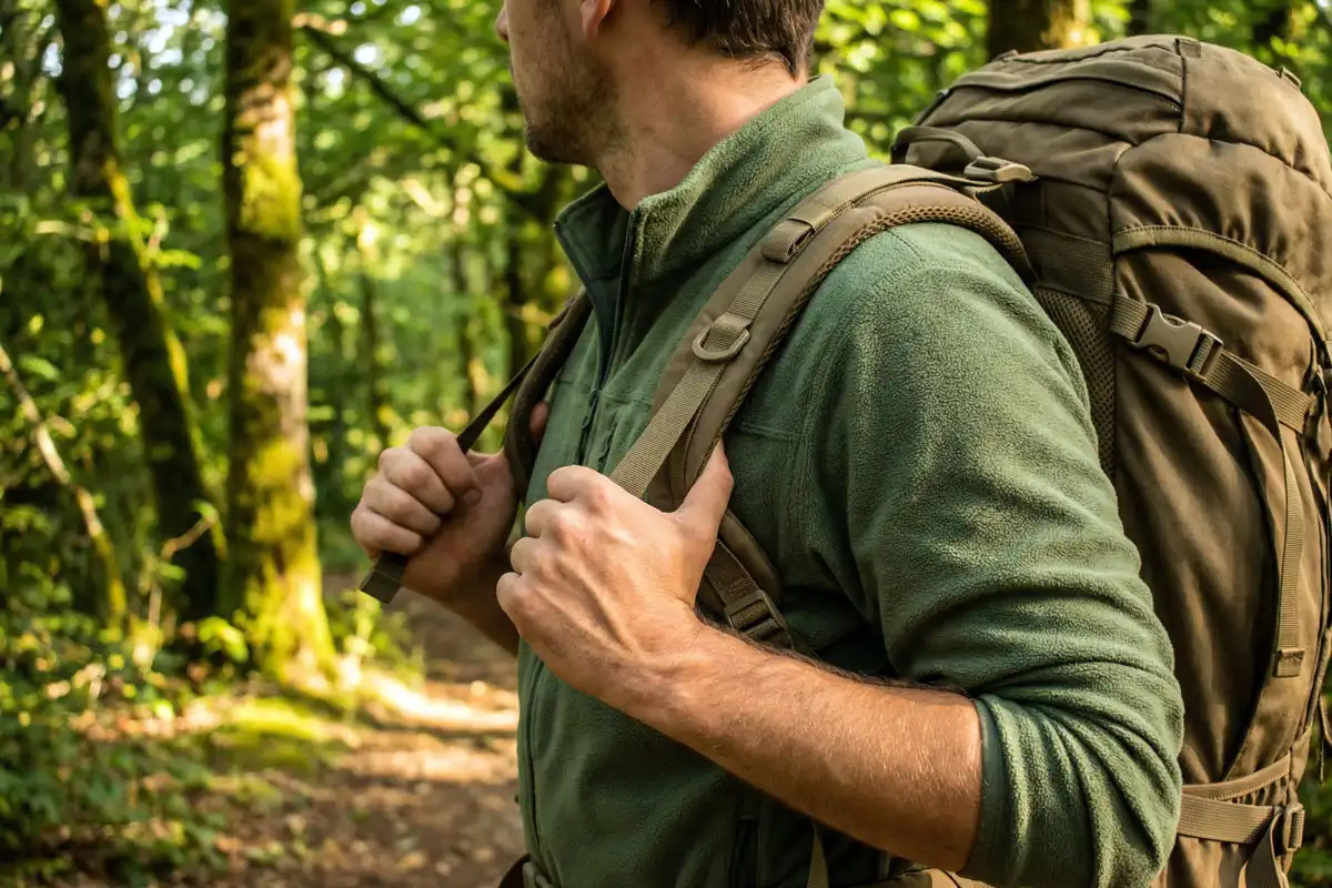 hiker pulling shoulder straps snug on a fitted backpack outdoors