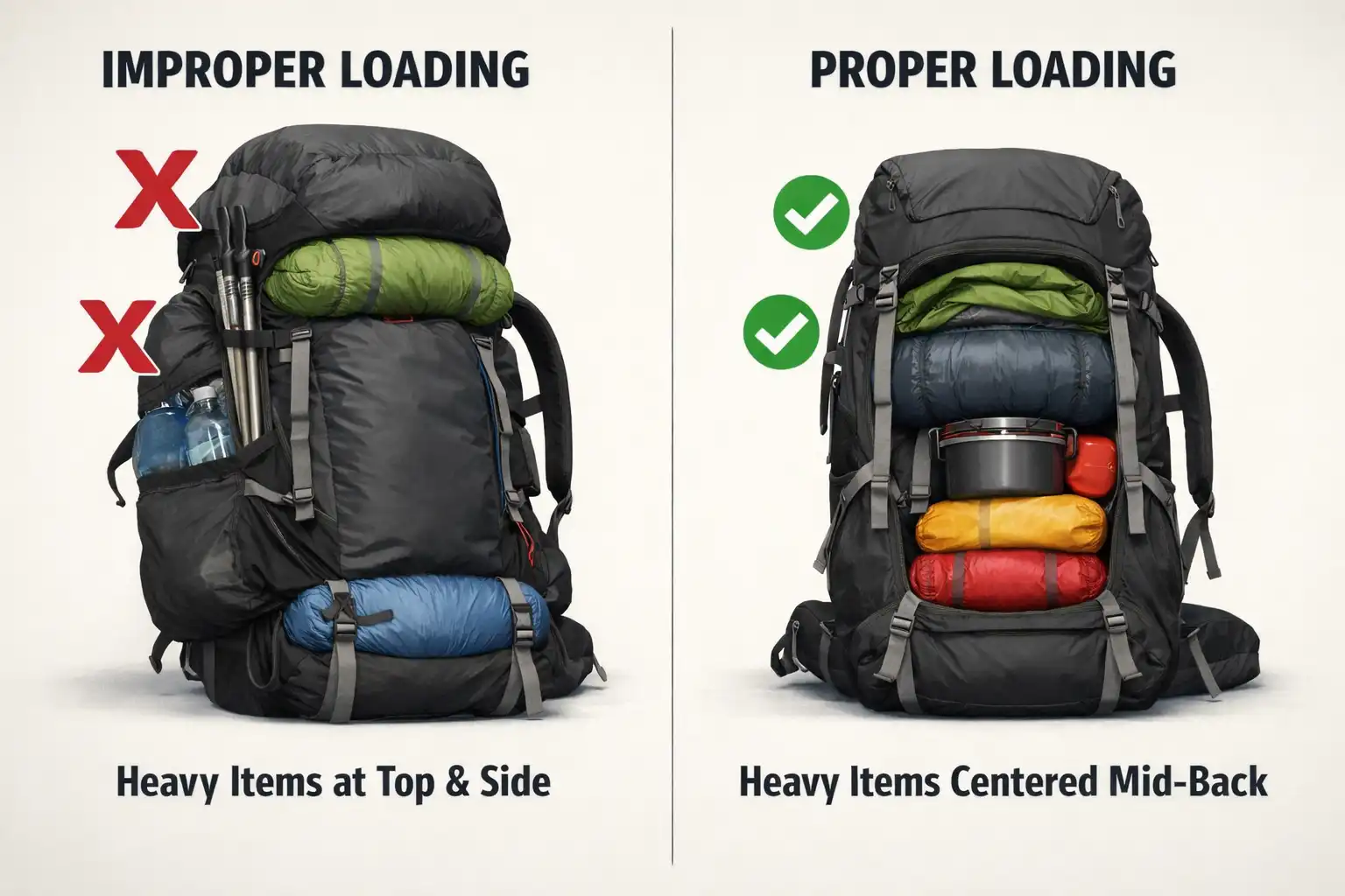 side by side comparison of wrong and right ways to load a camping backpack