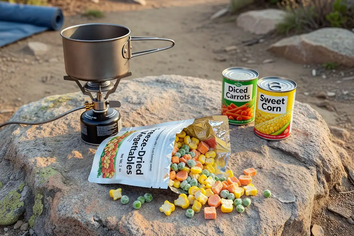 Freeze dried vegetables and canned goods beside a camping stove
