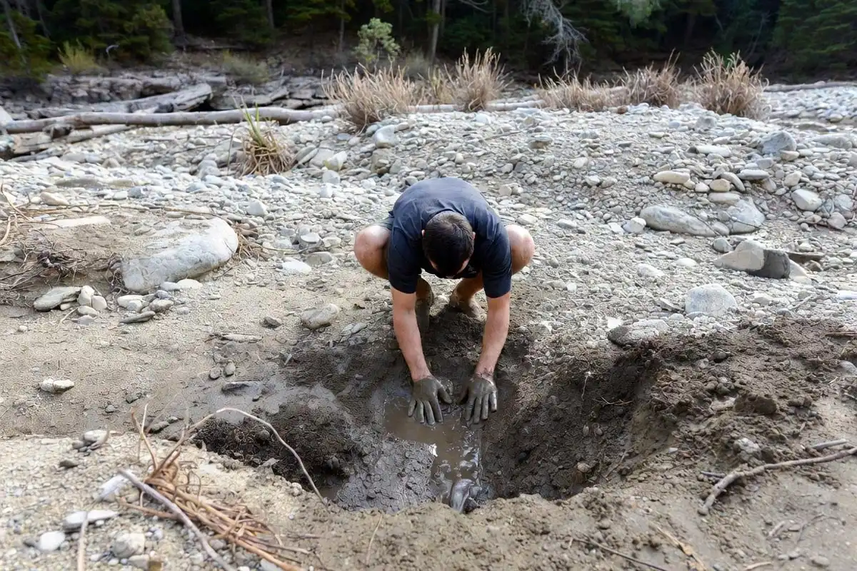 hiker digging into the outer bend of a dry riverbed to find underground water