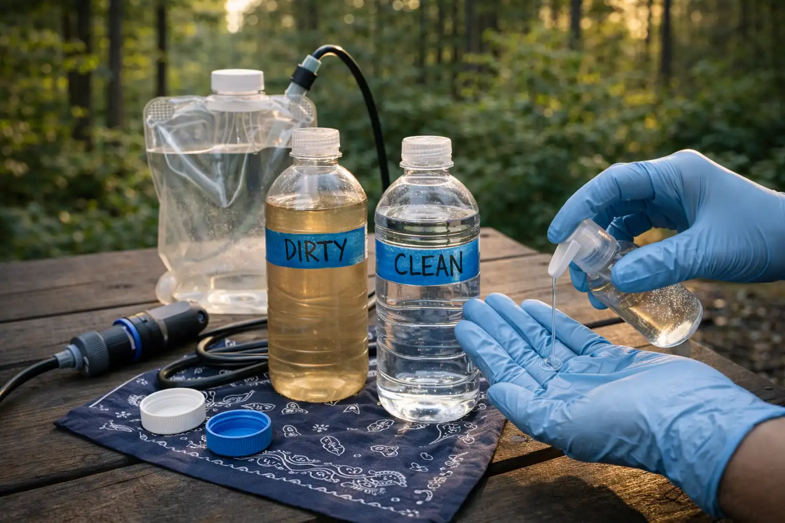 two bottle system with separated caps on camp table