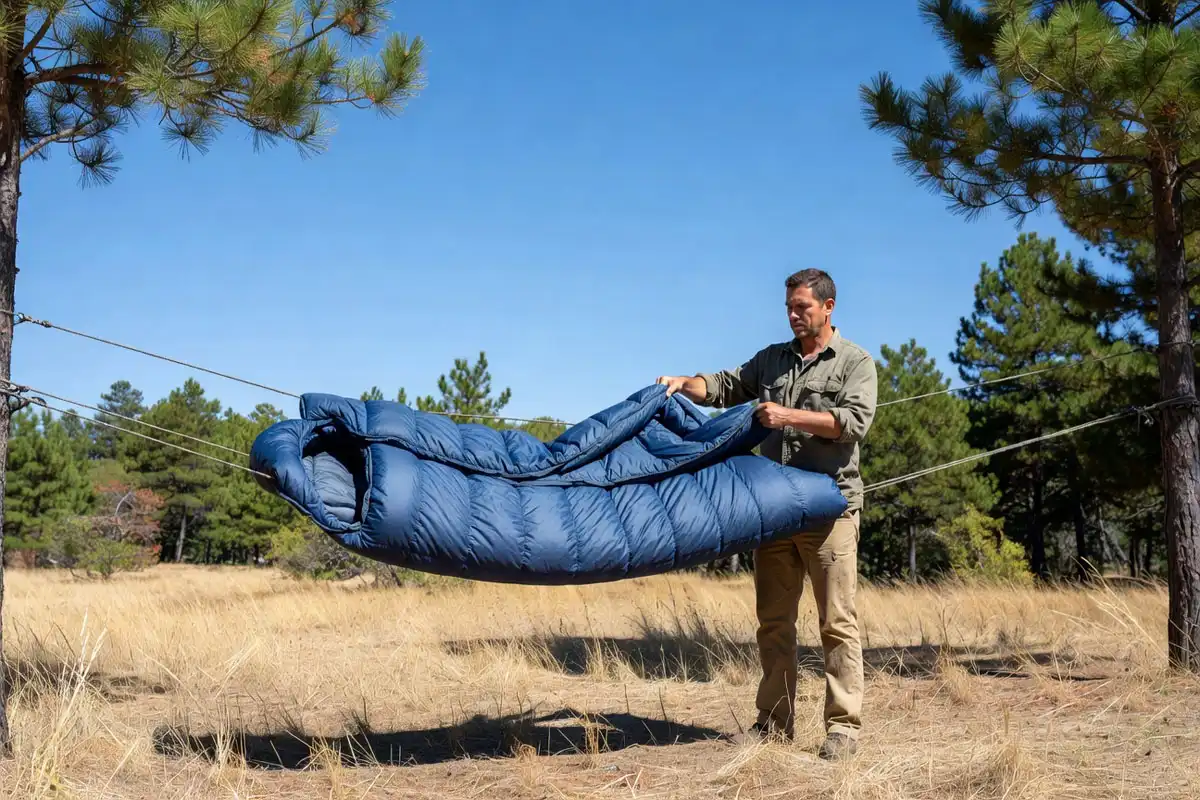camper manually fluffing a down sleeping bag hanging over two paracord lines at a sunny campsite