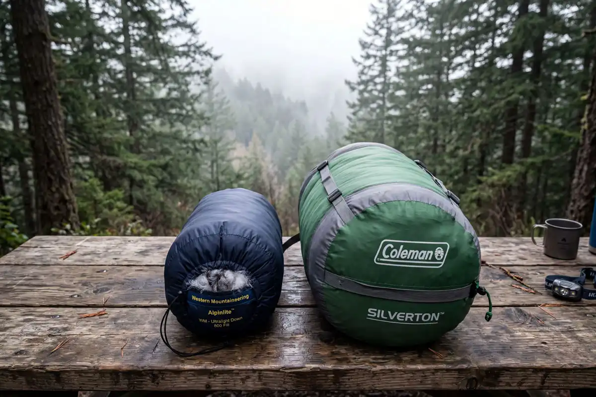 Down sleeping bag and synthetic sleeping bag placed side by side outdoors