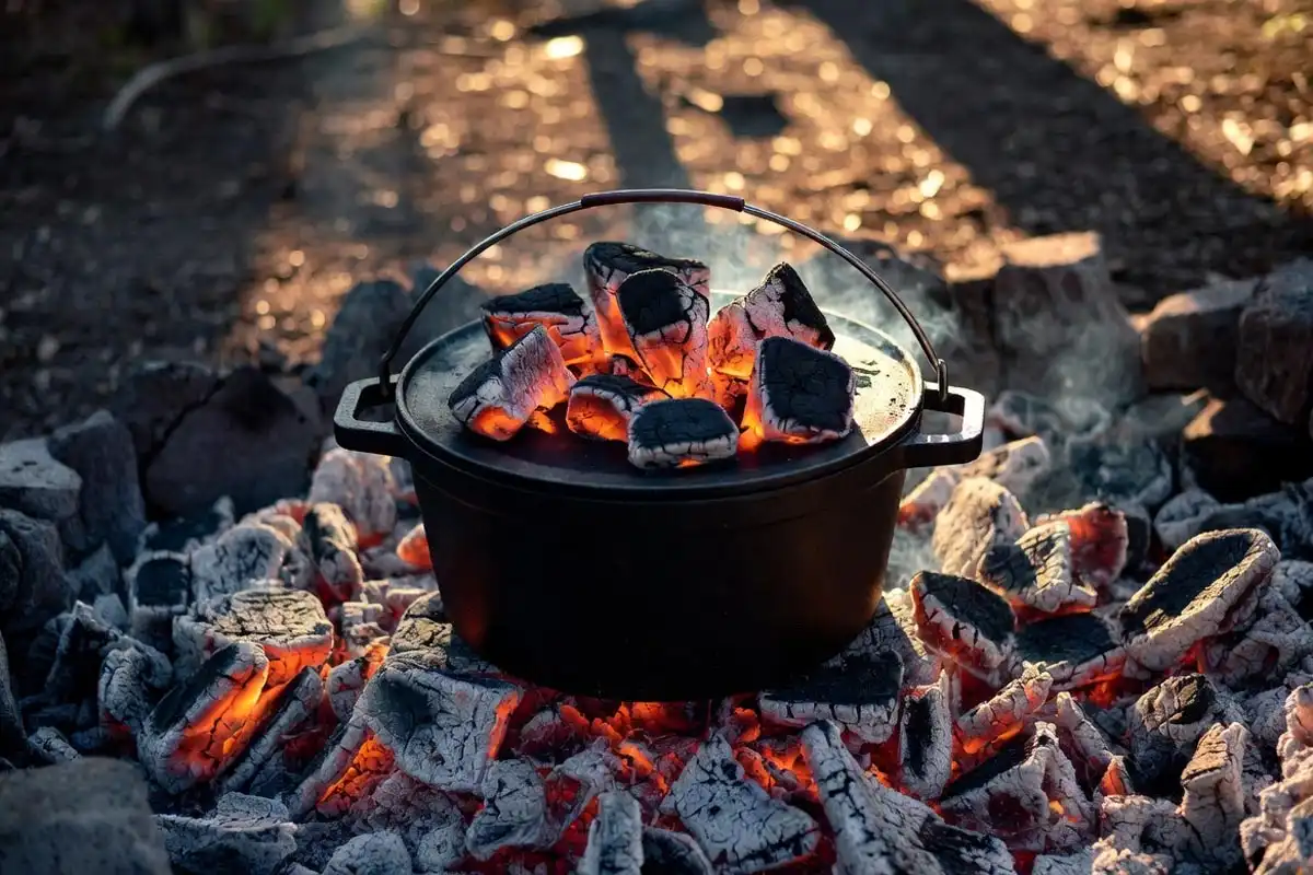 black cast iron dutch oven surrounded by glowing coals with lid coals on top