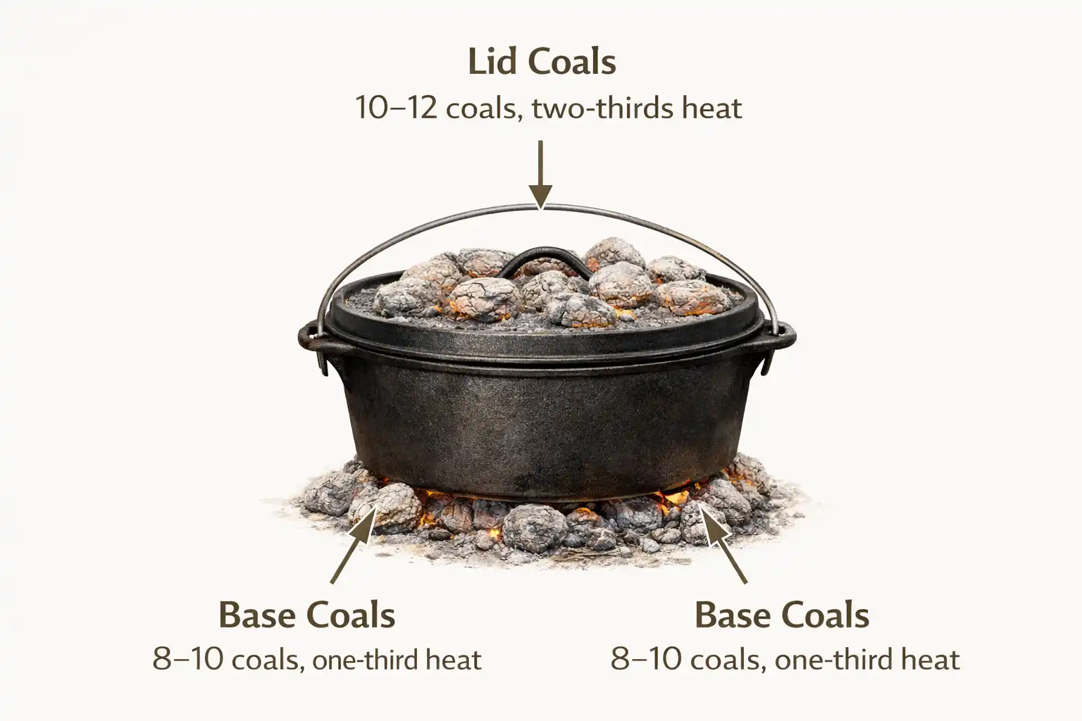 infographic about how to distribute coals on top and bottom of a Dutch oven for even heat