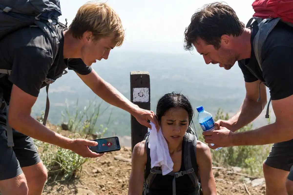 friends cooling an overheated hiker and calling for help