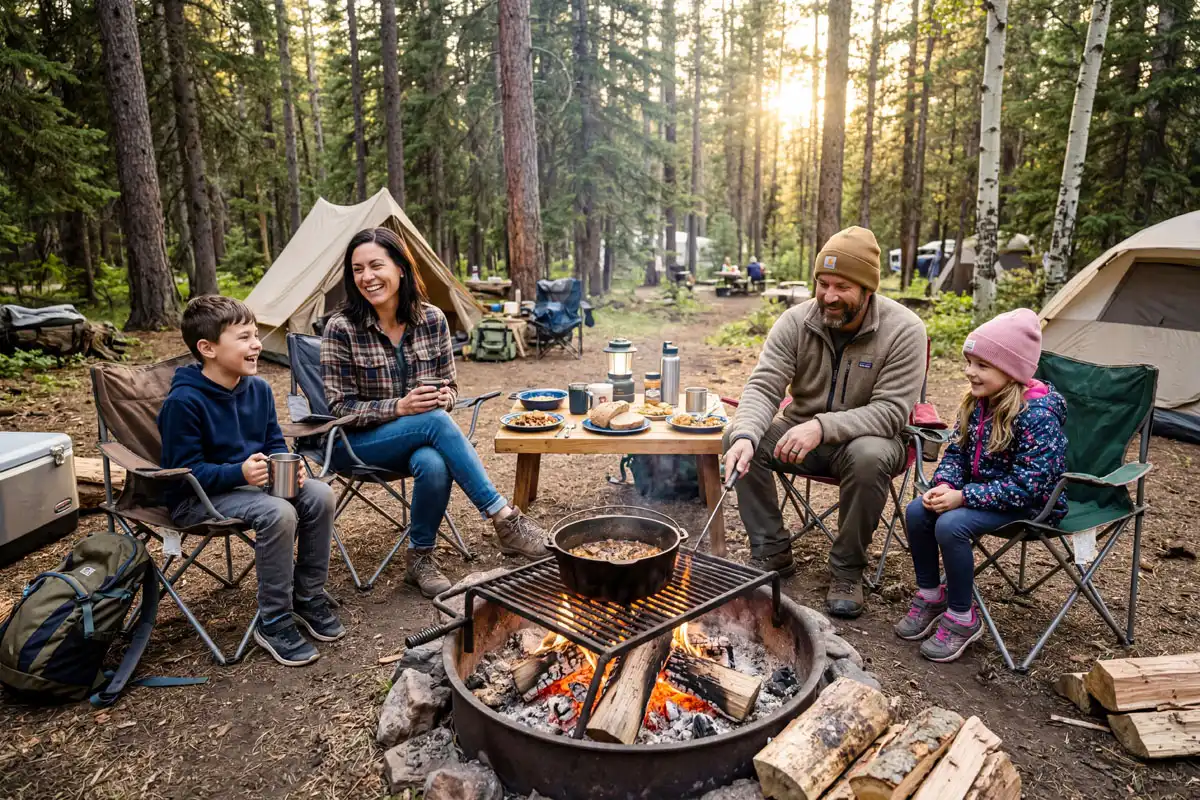 Family of four cooking over a campfire with a large pot at a wooded campsite