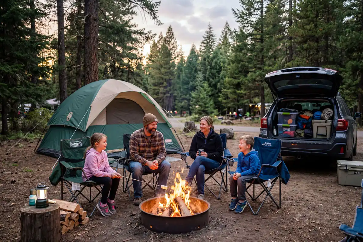 Family sitting around a campfire at a car campground with dome tent and parked vehicle