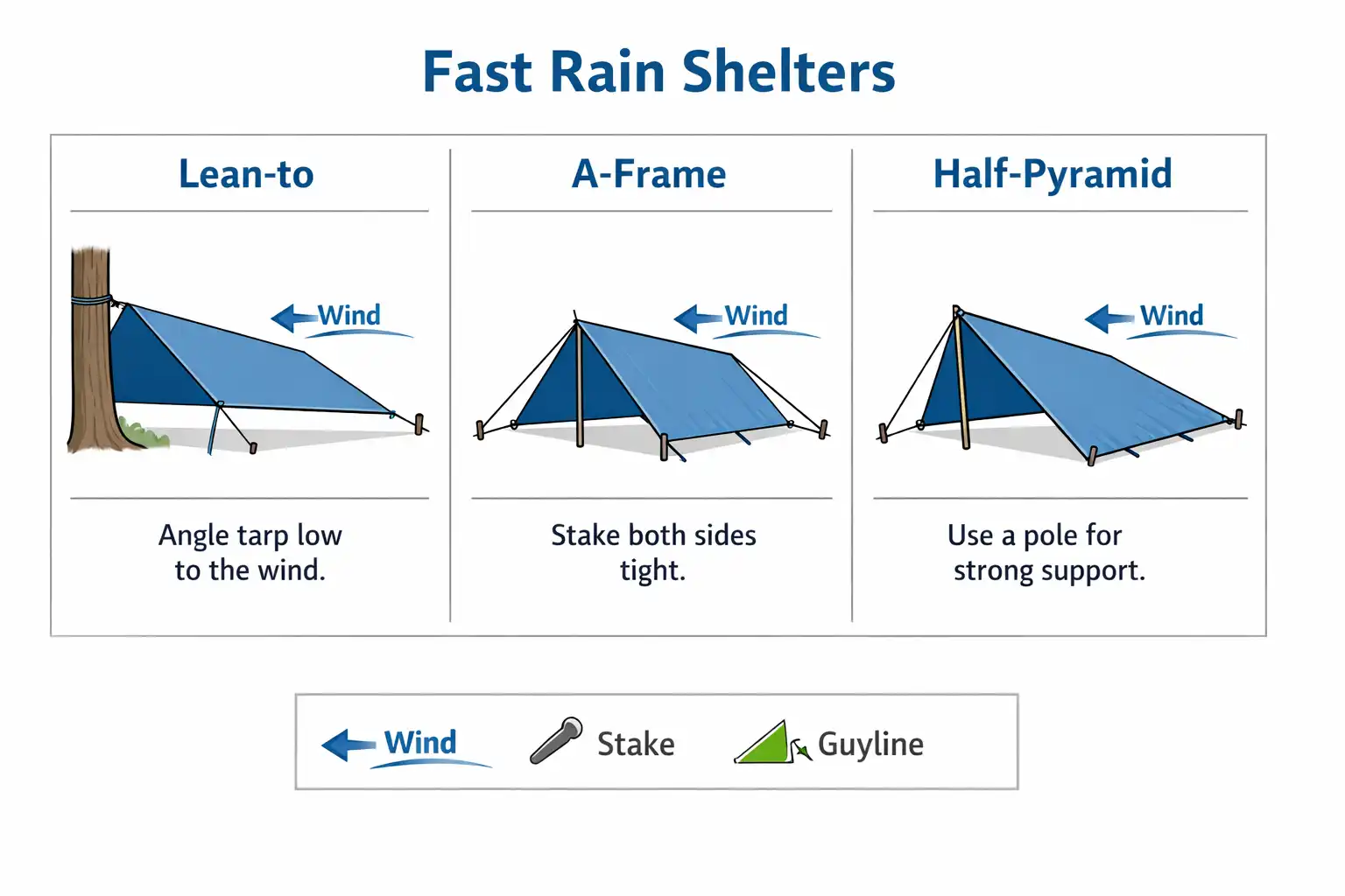 diagram comparing three tarp pitches for rain