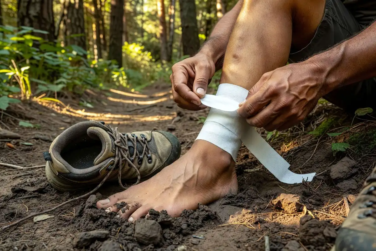 Hiker applying athletic tape in figure eight wrap around a hiker's ankle on trail ground
