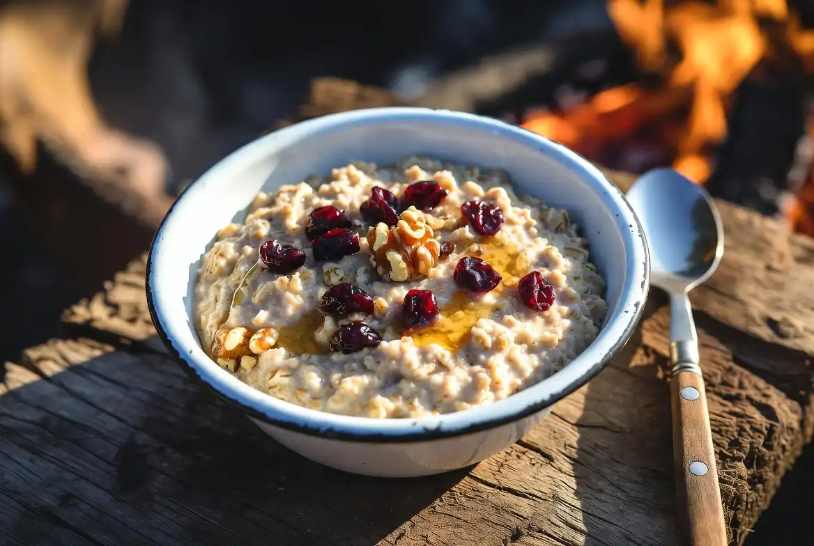 enamel camp bowl of oatmeal with dried fruit honey and nuts outdoors