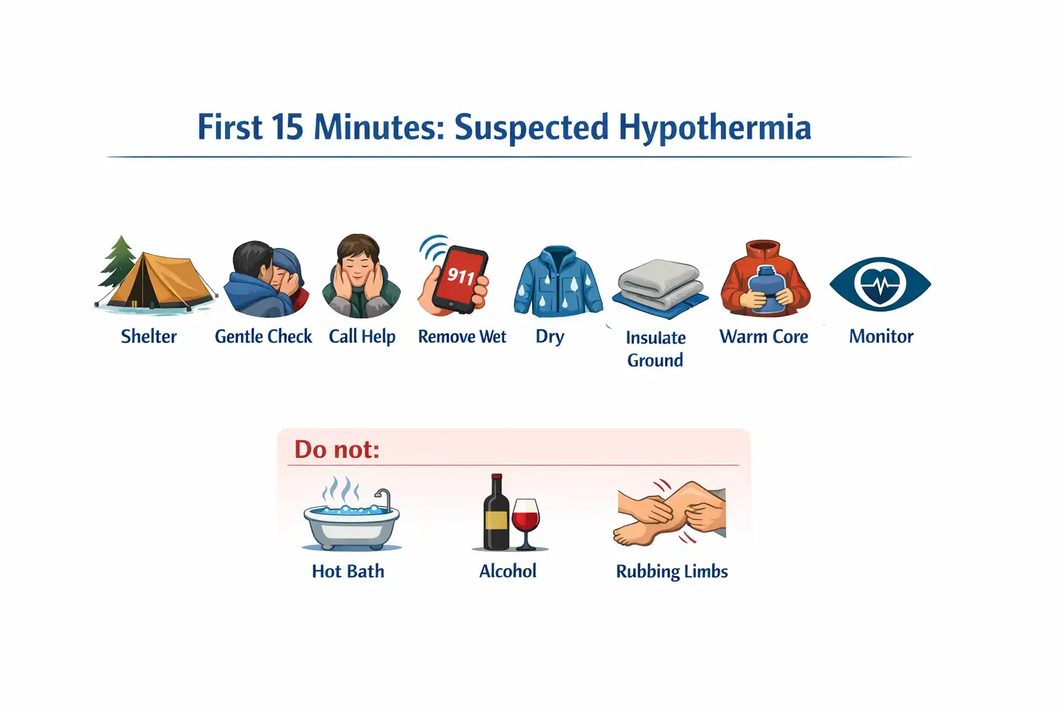 first 15 minute action plan for suspected hypothermia