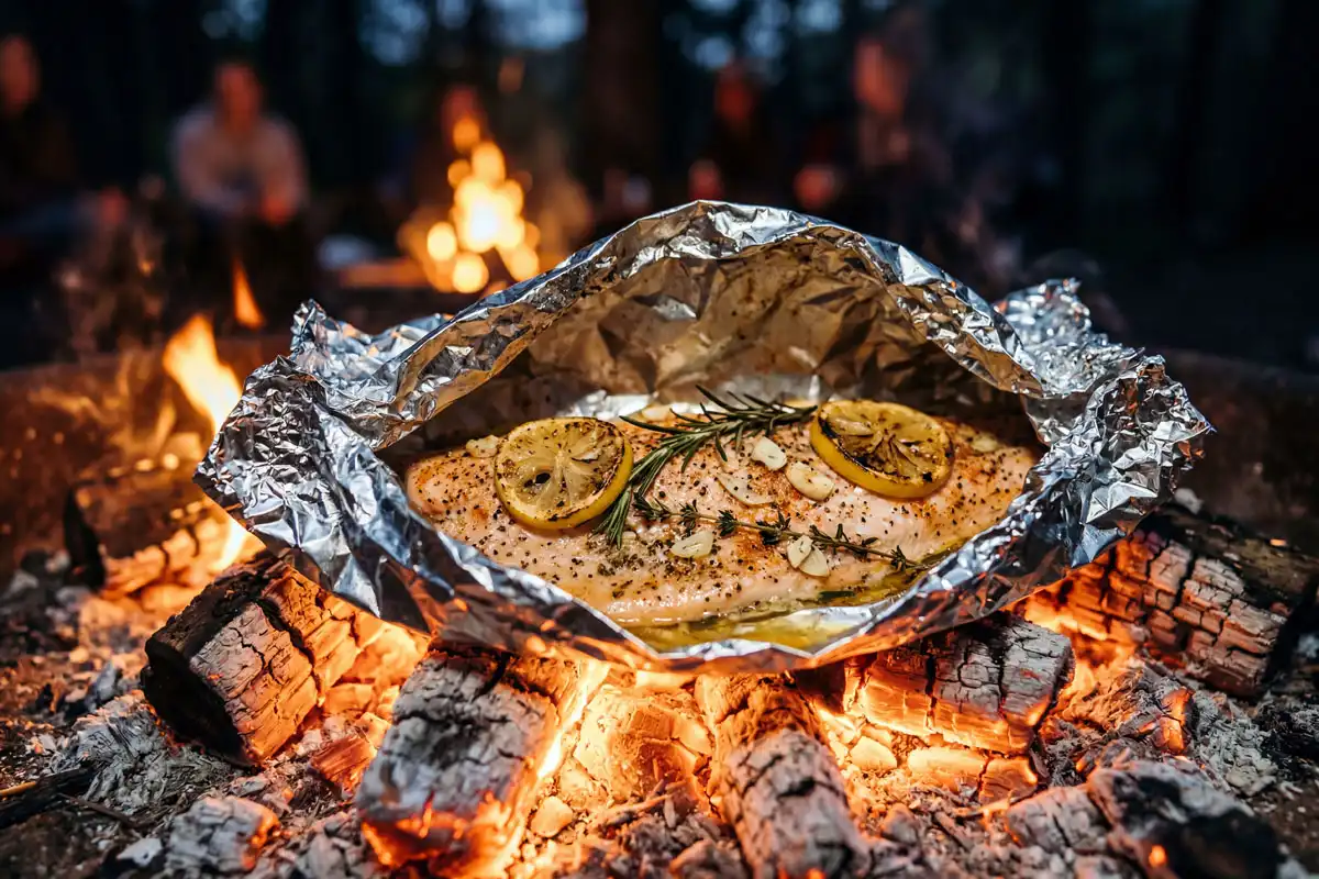 Aluminum foil packet with seasoned fish fillet placed on hot campfire embers