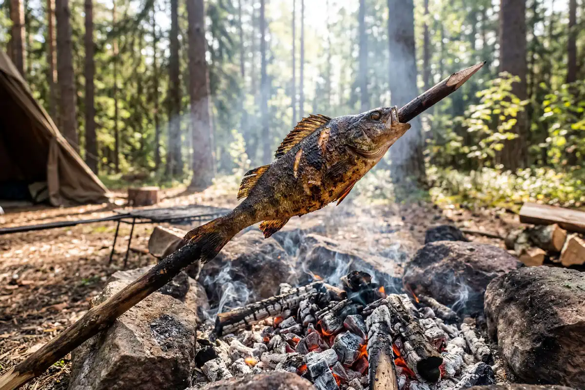 Whole perch skewered on a wooden stick roasting above campfire coals