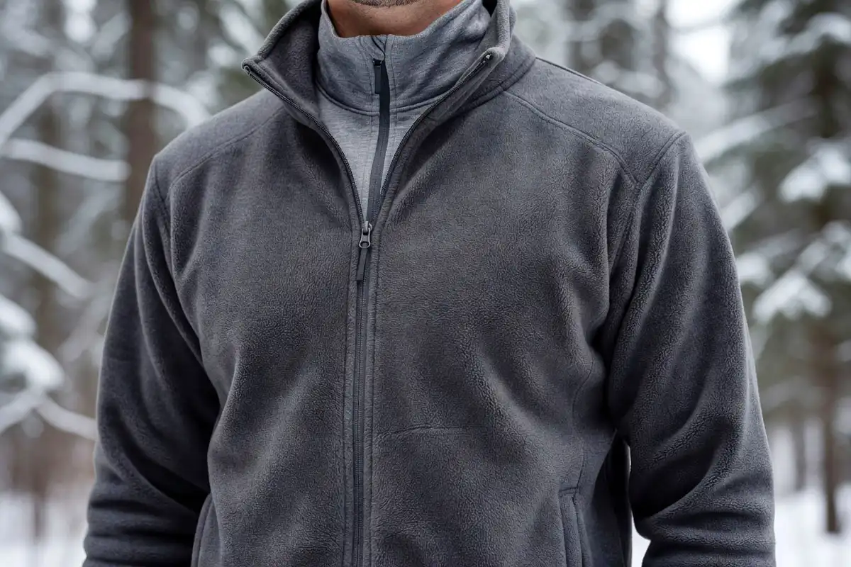 Hiker wearing charcoal fleece insulation jacket over base layer outdoors