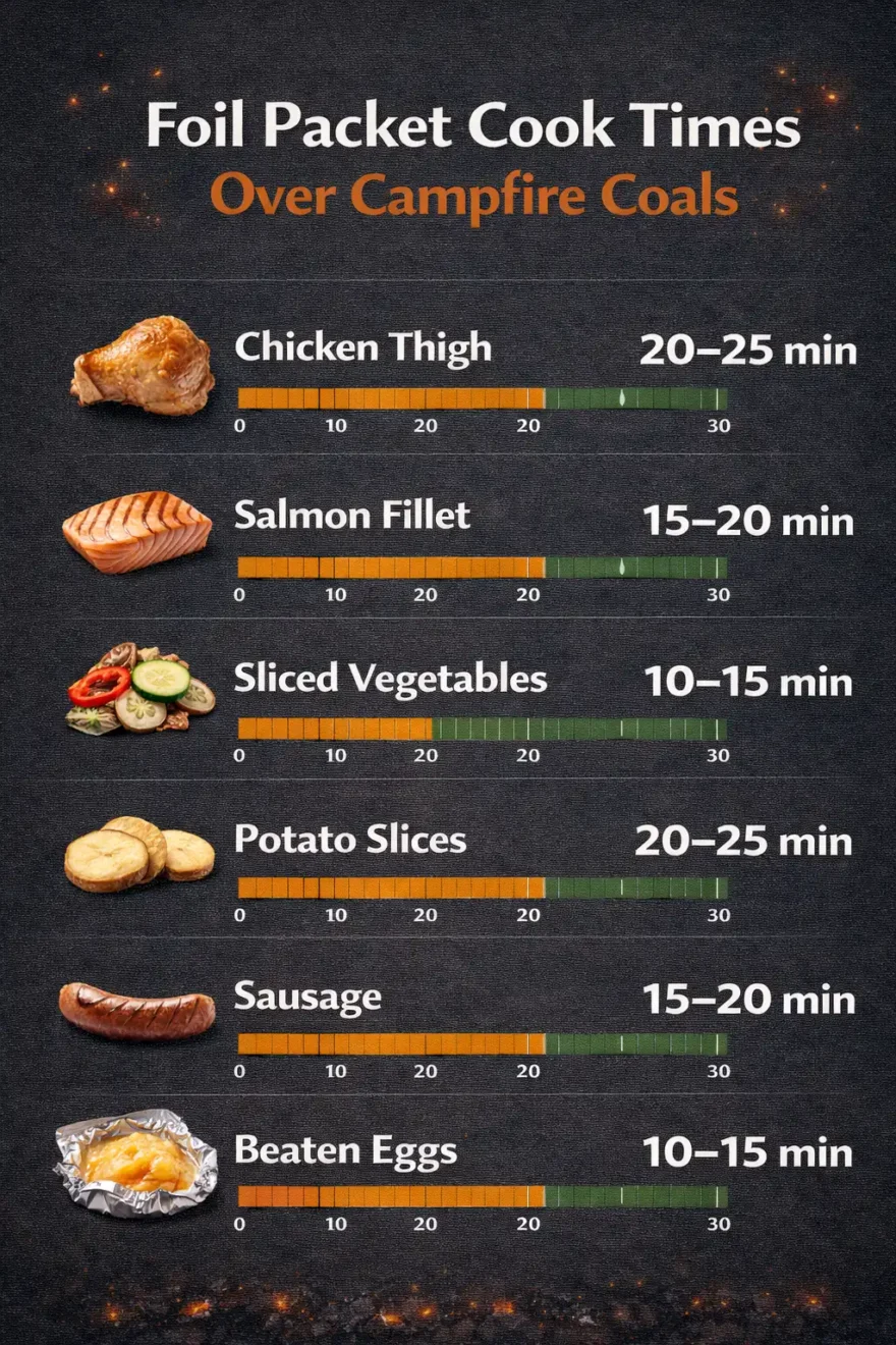 infographic about campfire foil packet cook times for chicken fish vegetables and eggs