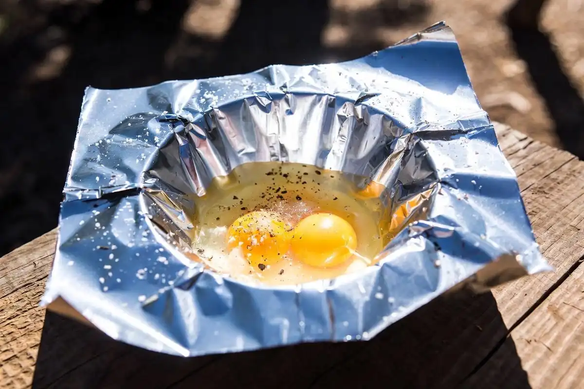 two raw eggs seasoned inside a folded foil packet at camp