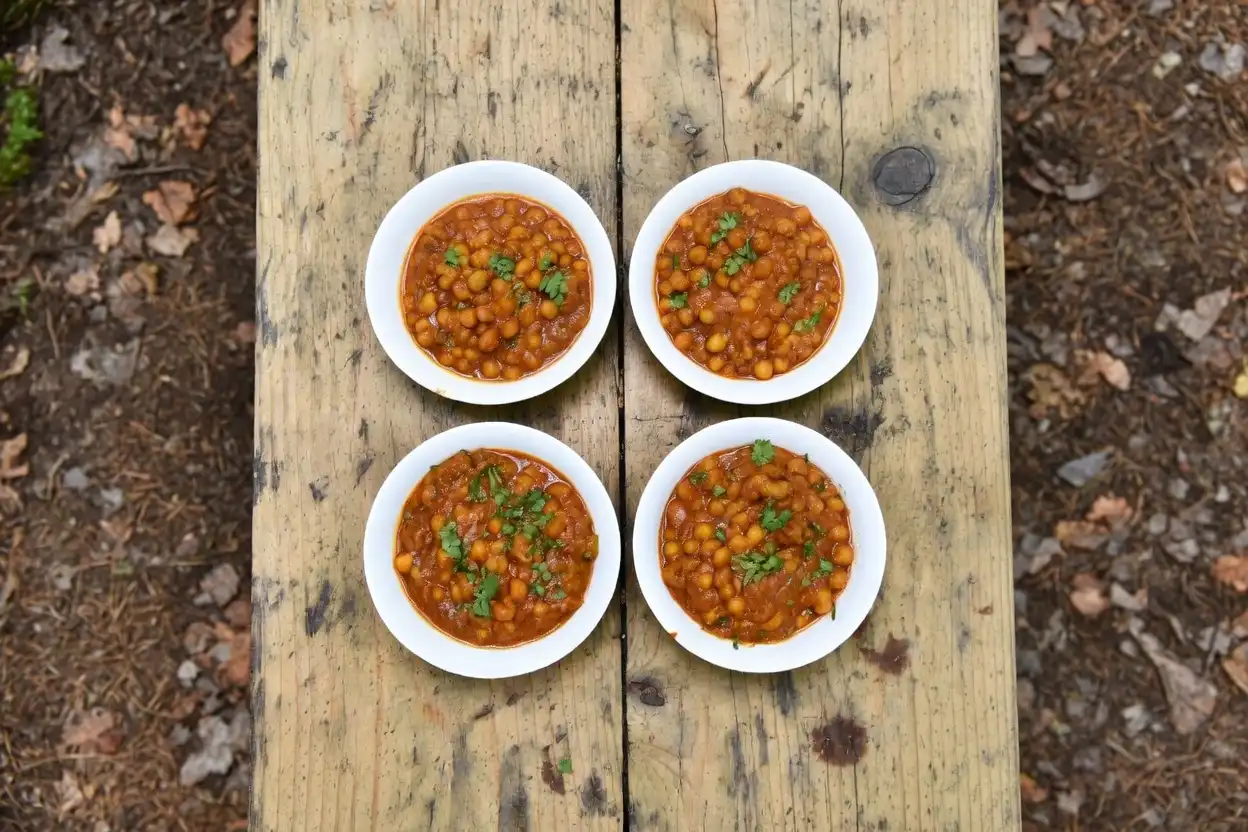 four insulated camping bowls filled with chickpea vegetable curry served at picnic table outdoors