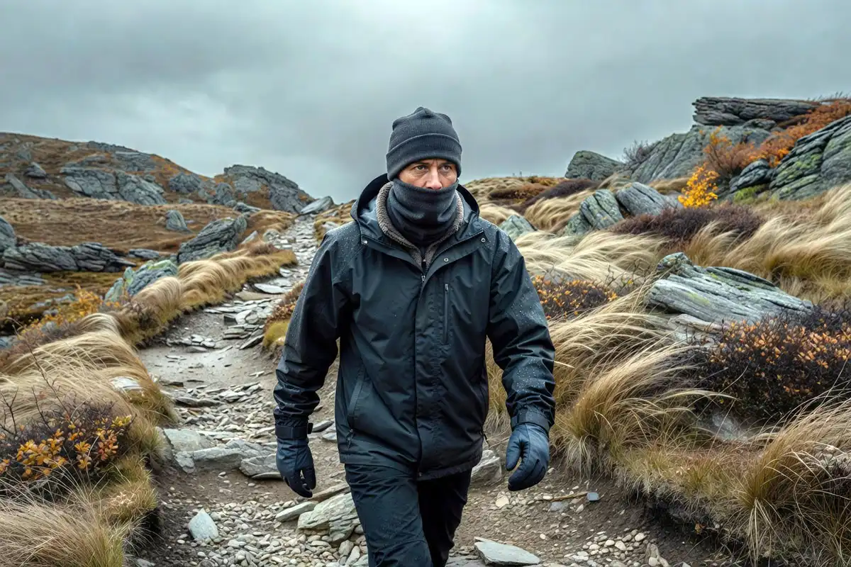 Hiker wearing three full layers gloves and neck gaiter on cold windy trail
