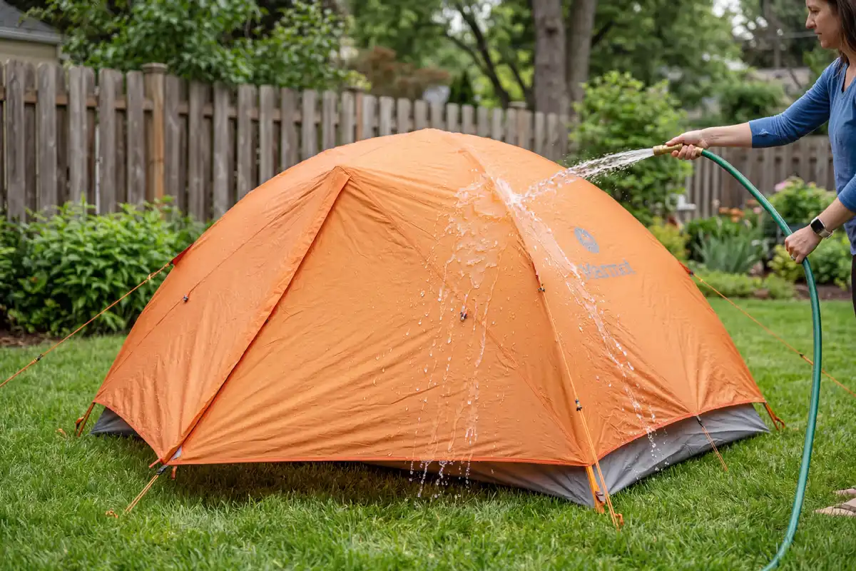 garden hose spraying water over tent rain fly to test seam waterproofing