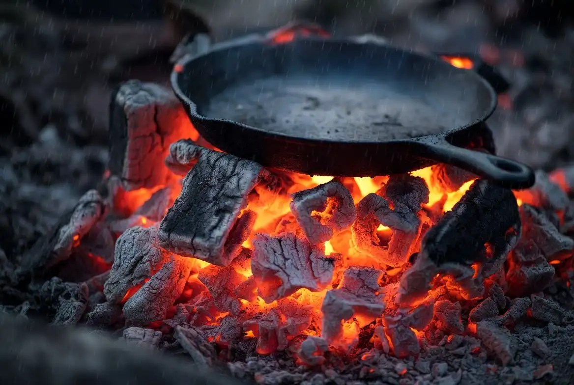 gray edged red hot coal bed with cast iron pan over campfire