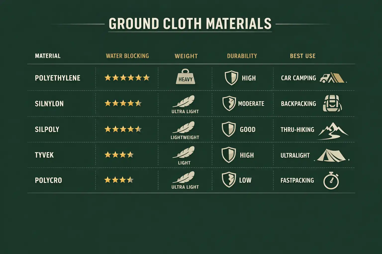 infographic comparing ground cloth types by water blocking weight and durability