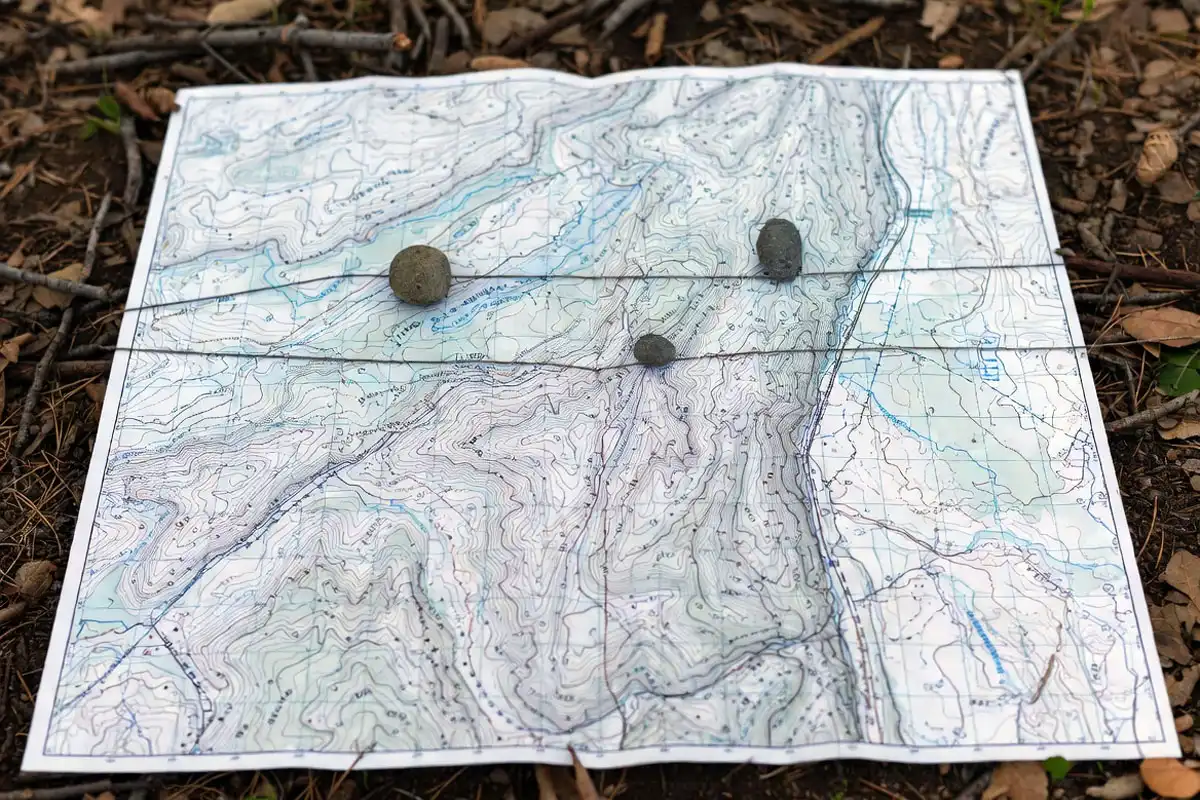 topo map with cords showing a stream handrail and road backstop