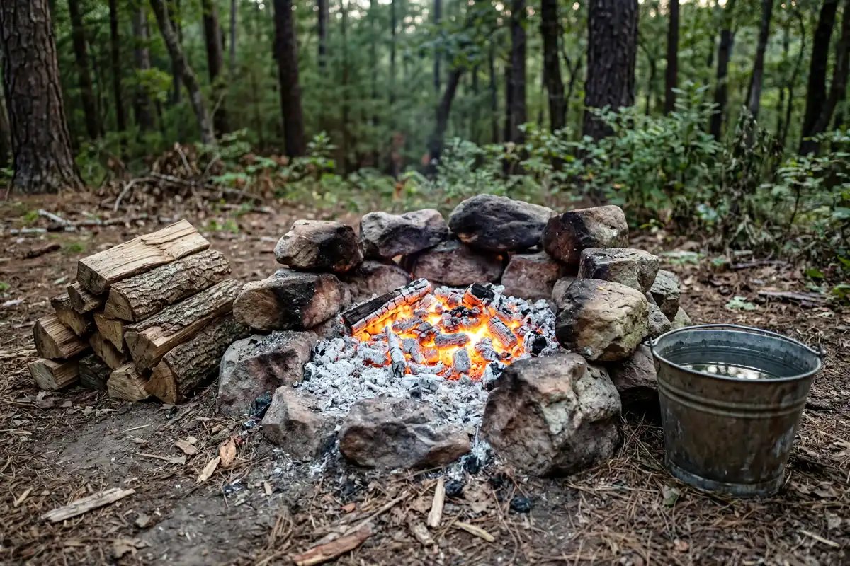 Campfire burned down to white gray coals inside a stone fire ring ready for cooking