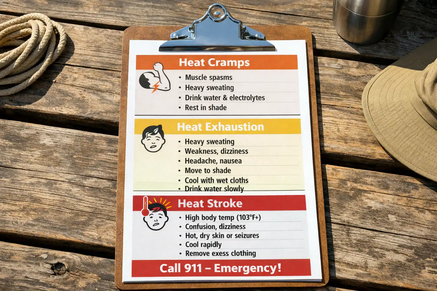 heat illness symptoms and first aid checklist
