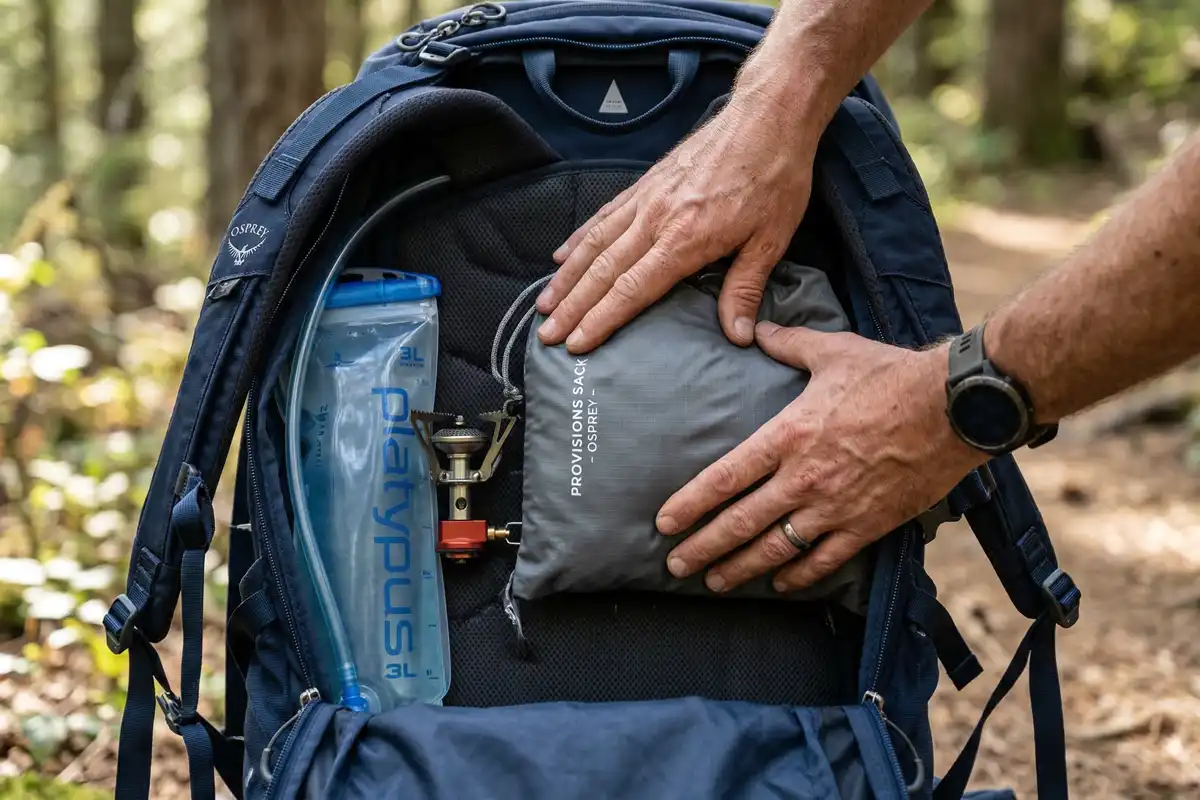 Camper placing food bag flat against the back panel inside a camping pack