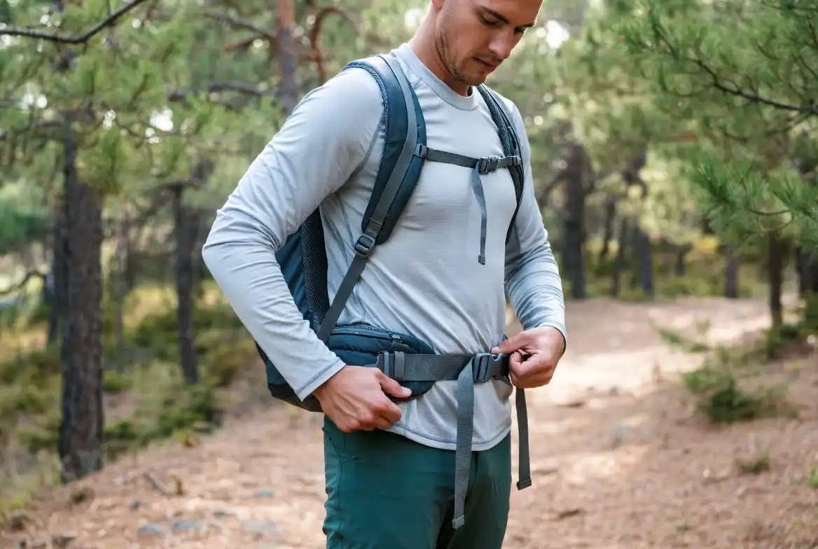 hiker fitting backpack hip belt correctly at trailhead before steep climb