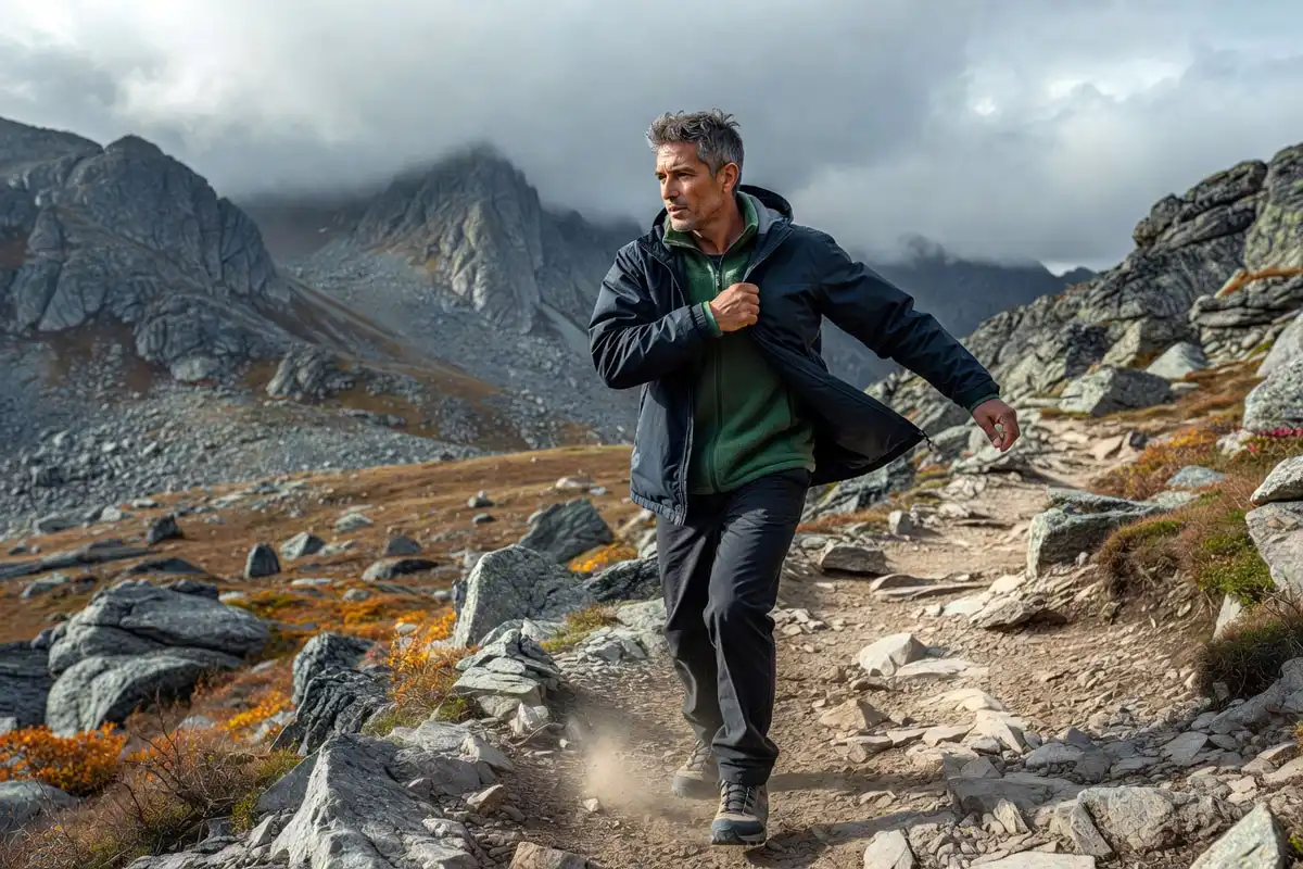 man zipping windproof shell jacket over fleece on exposed mountain trail